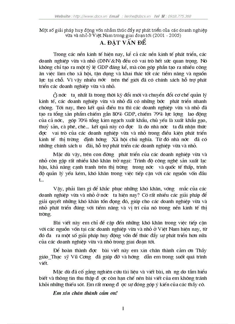 Một số giải pháp huy động vốn nhằm thúc đẩy sự phát triển của các doanh nghiệp vừa và nhỏ ở Việt Nam trong giai đoạn tới 2001 2005