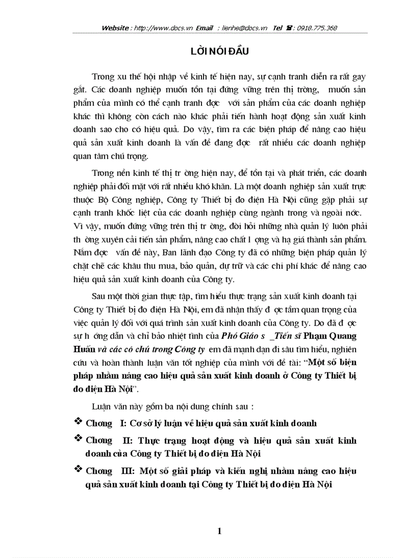 Một số biện pháp nhằm nâng cao hiệu quả sản xuất kinh doanh ở Công ty Thiết bị đo điện Hà Nội