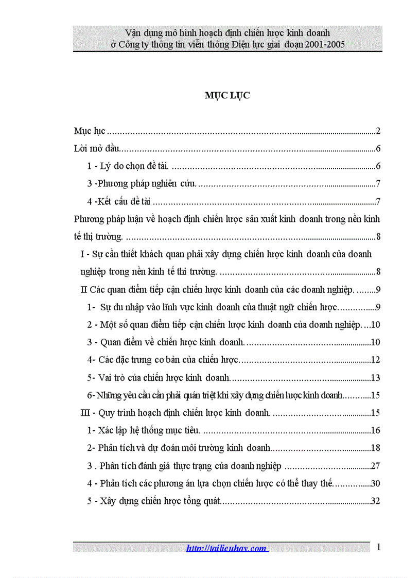 Vận dụng mô hình hoạch định chiến lược kinh doanh ở Công ty thông tin viễn thông Điện lực giai đoạn 2001 2005