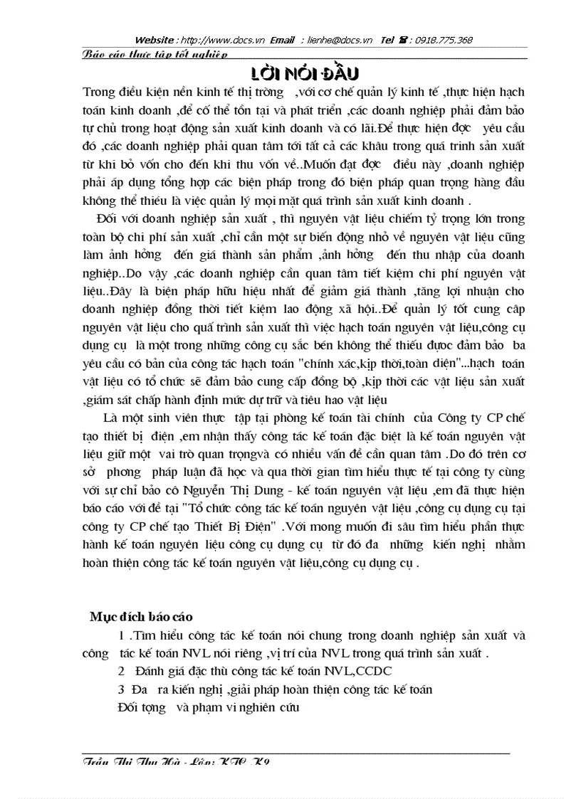 Tổ chức công tác kế toán nguyên vật liệu công cụ dụng cụ tại công ty CP chế tạo Thiết Bị Điện
