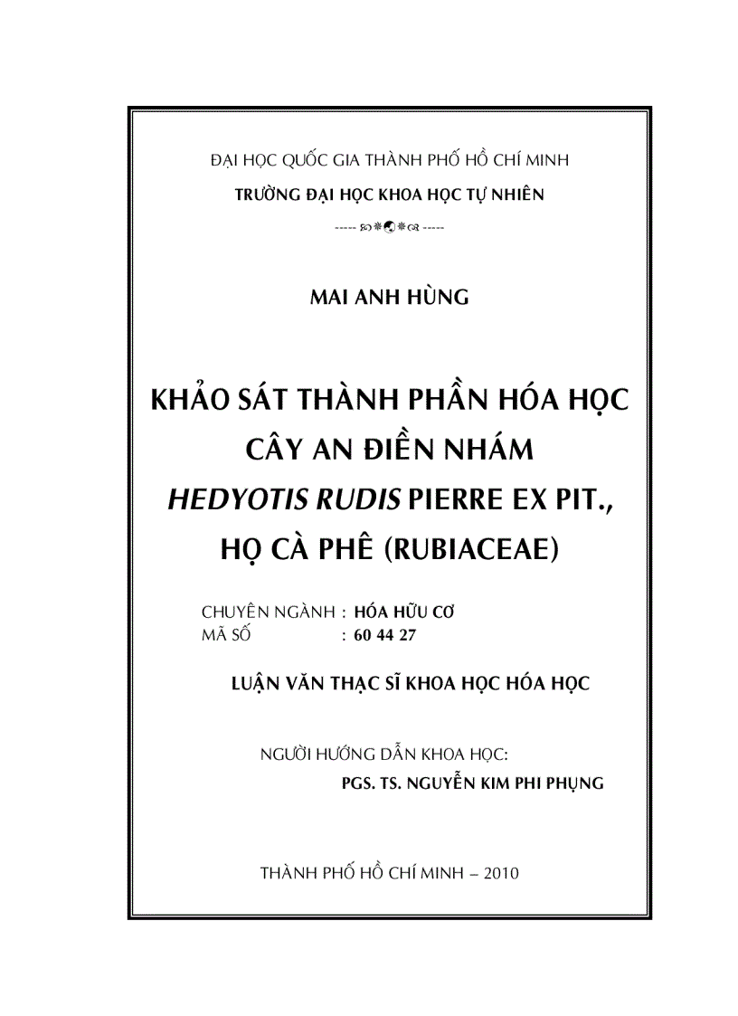 Khảo sát thành phần hóa học cây an điền nhám hedyotis rudis pierre ex pit họ cà phê rubiaceae