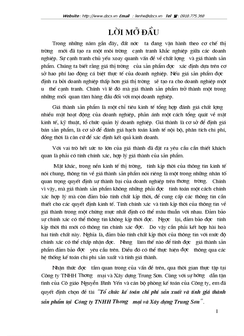Tổ chức kế toán chi phí sản xuất và tính giá thành sản phẩm tại Công ty TNHH Thương mại và Xây dựng Trung Sơn