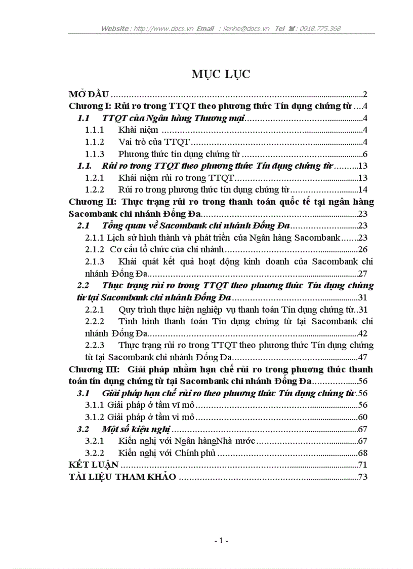 Giải pháp nhằm hạn chế rủi ro trong thanh toán quốc tế theo phương thức Tín dụng chứng từ tại Ngân hàng Sacombank chi nhánh Đống Đa