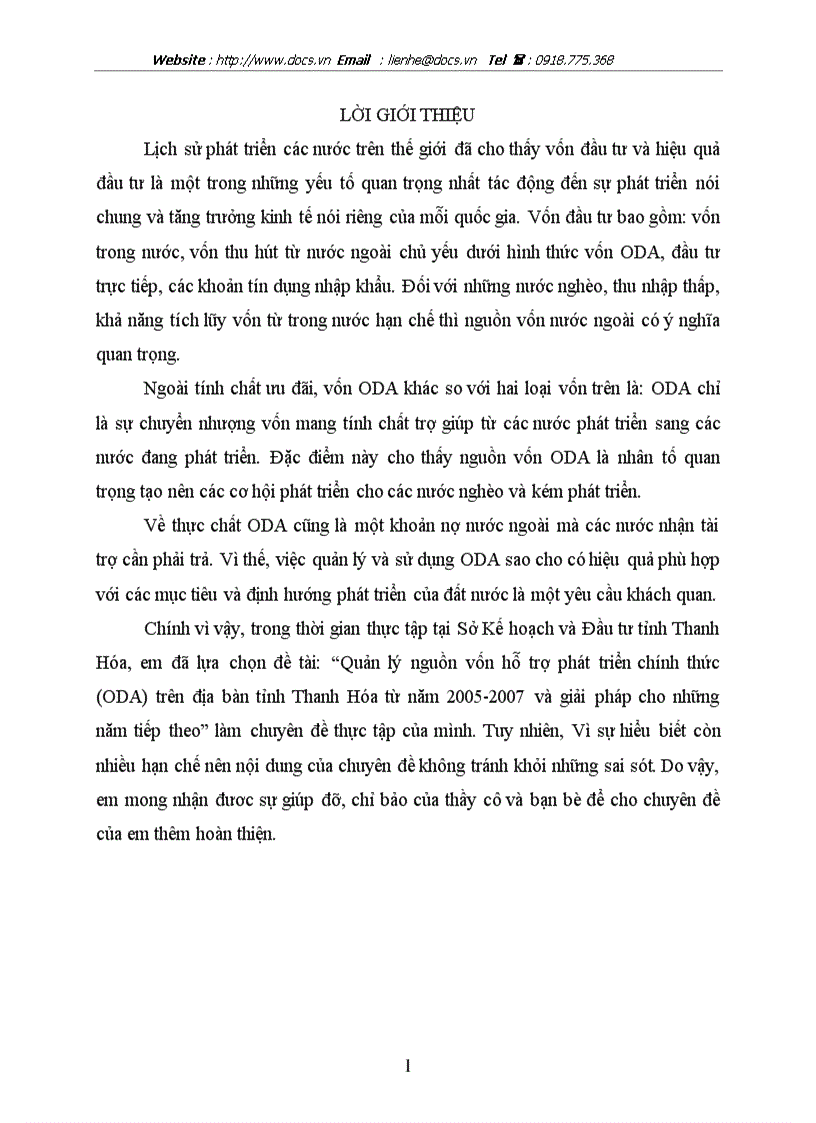 Quản lý nguồn vốn hỗ trợ phát triển chính thức ODA trên địa bàn tỉnh Thanh hoá từ năm 2005 2007 và giải pháp cho những năm tiếp theo