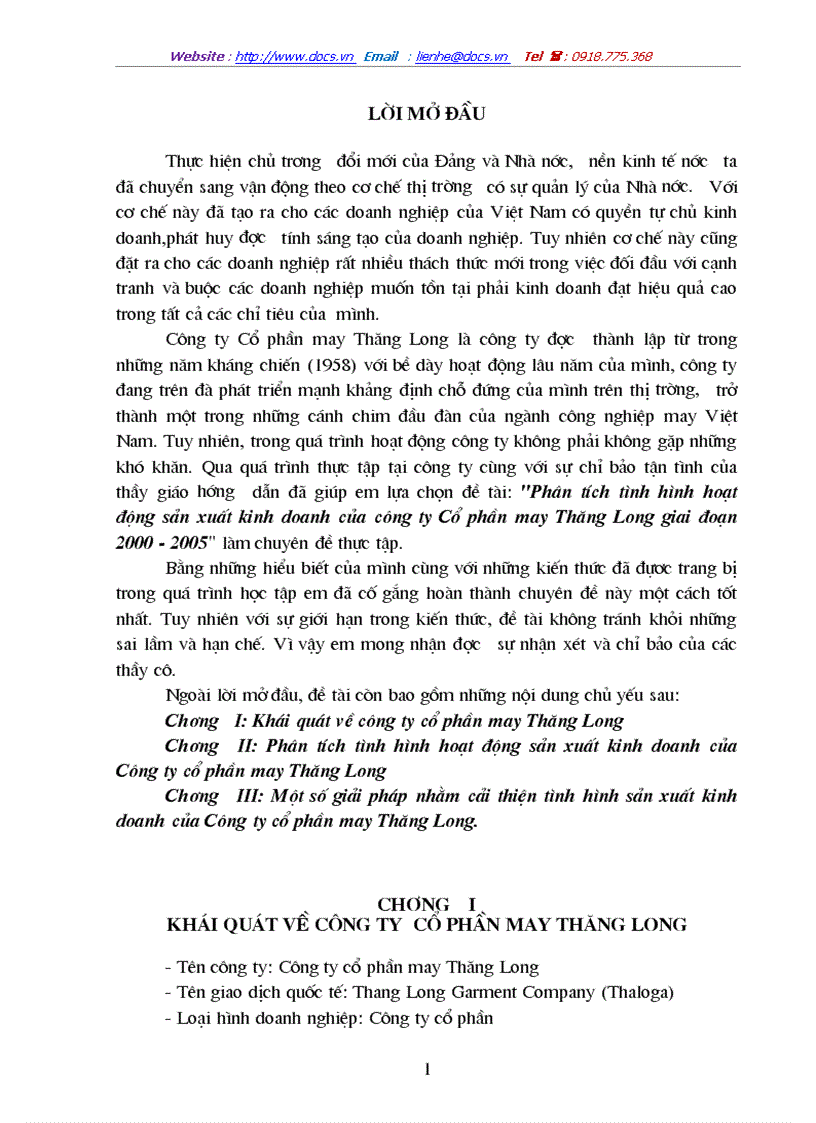 Phân tích tình hình hoạt động sản xuất kinh doanh của công ty Cổ phần may Thăng Long giai đoạn 2000 2005