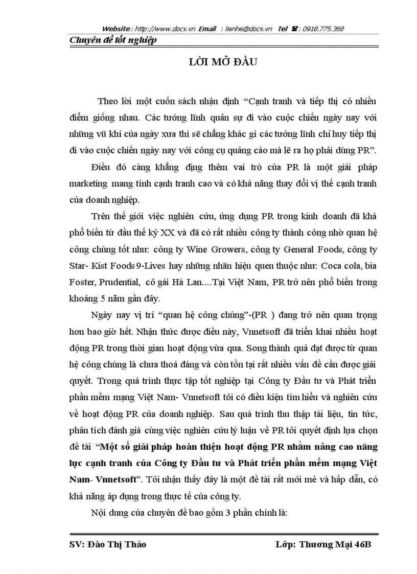 Một số giải pháp hoàn thiện hoạt động PR nhằm nâng cao năng lực cạnh tranh của Công ty Đầu tư và Phát triển phần mềm mạng Việt Nam Vnnetsoft