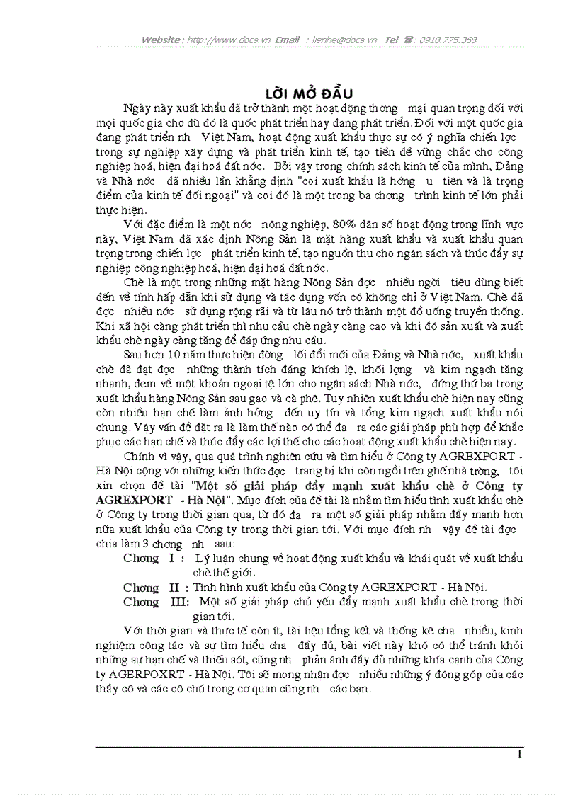 Một số giải pháp đẩy mạnh xuất khẩu chè ở Công ty AGREXPORT Hà Nội