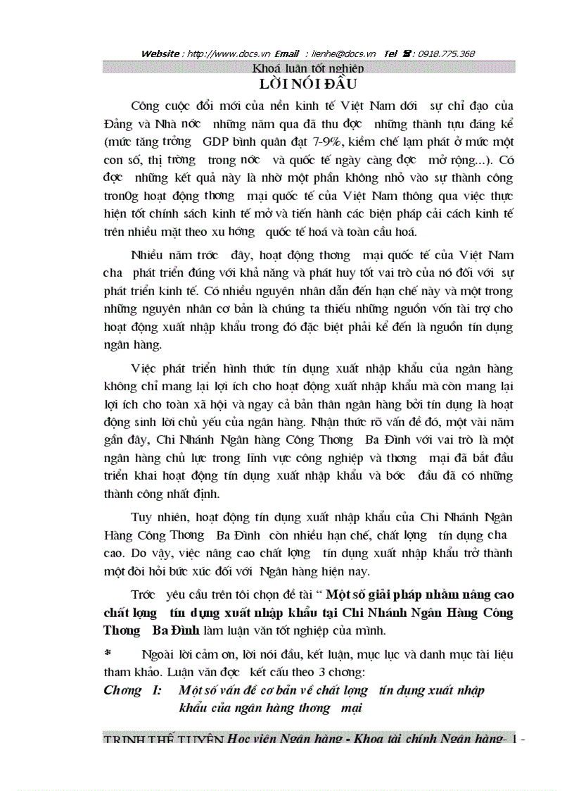 Một số giải pháp nhằm nâng cao chất lượng tín dụng xuất nhập khẩu tại Chi Nhánh Ngân Hàng Công Thương Ba Đình