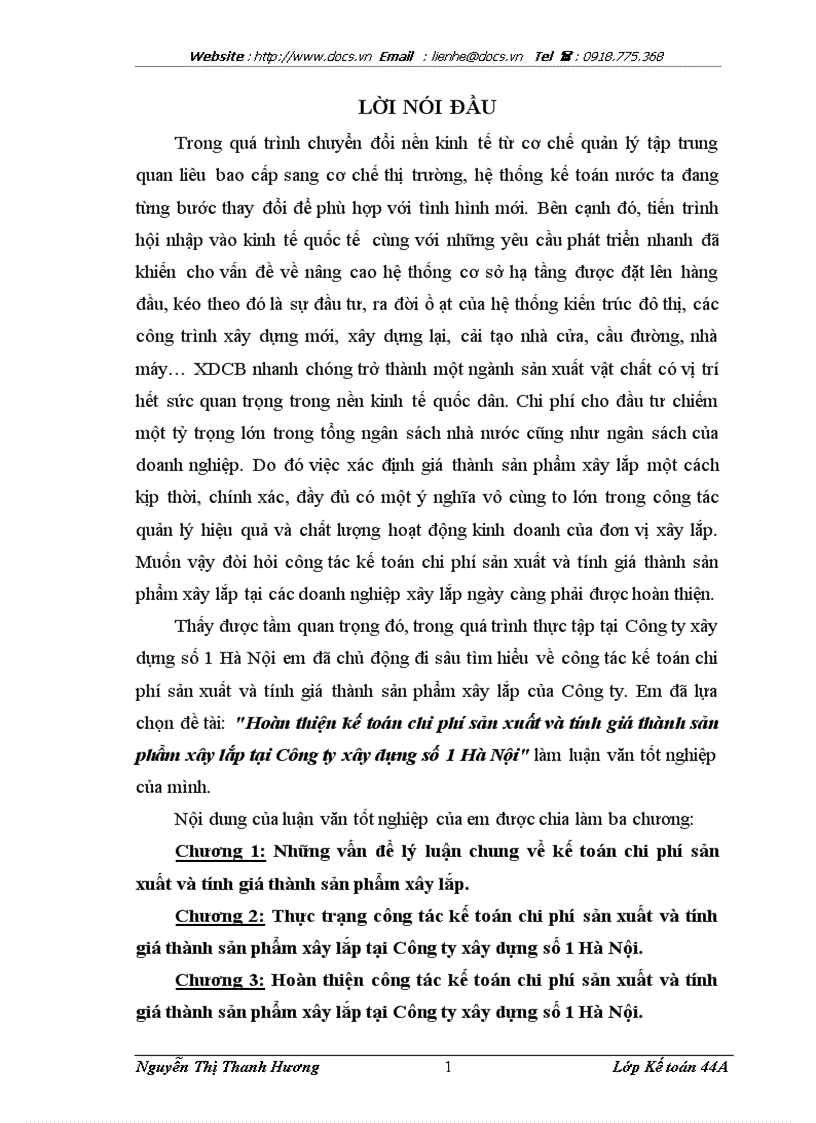 Hoàn thiện kế toán chi phí sản xuất và tính giá thành sản phẩm xây lắp tại Công ty xây dựng số 1 Hà Nội