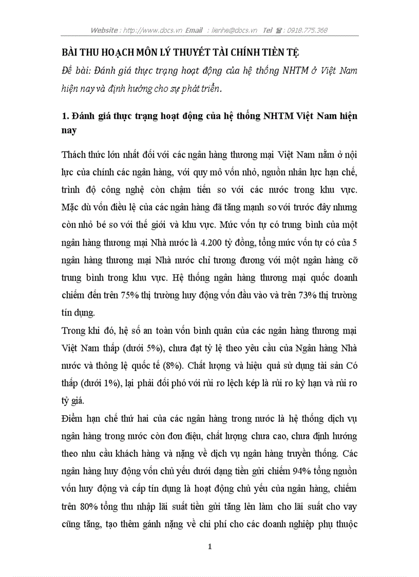 Đánh giá thực trạng hoạt động của hệ thống NHTM ở Việt Nam hiện nay và định hướng cho sự phát triển