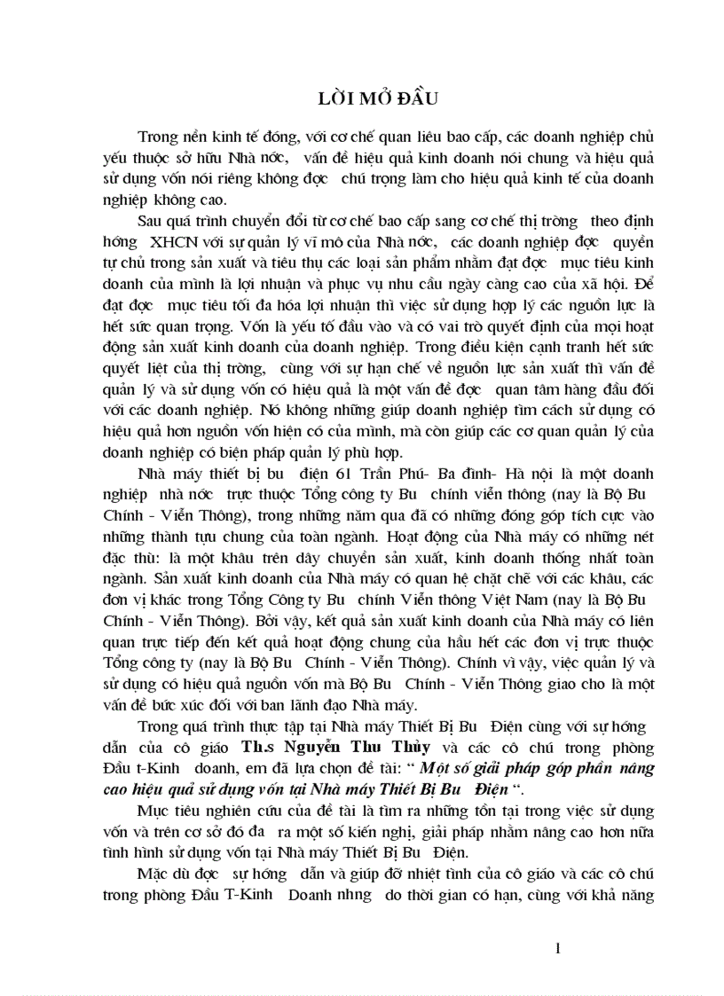 Một số giải pháp góp phần nâng cao hiệu quả sử dụng vốn tại Nhà máy Thiết Bị Bưu Điện