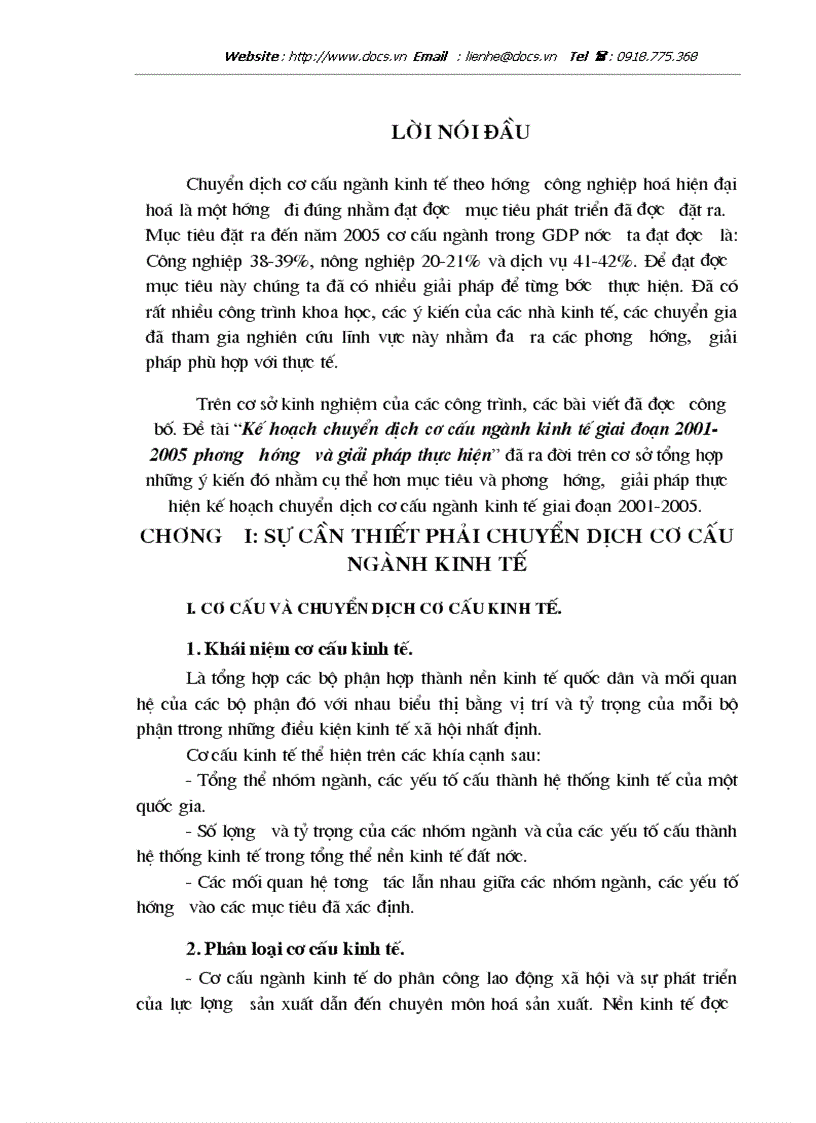 Kế hoạch chuyển dịch cơ cấu ngành kinh tế giai đoạn 2001 2005 phương hướng giải pháp thực hiện
