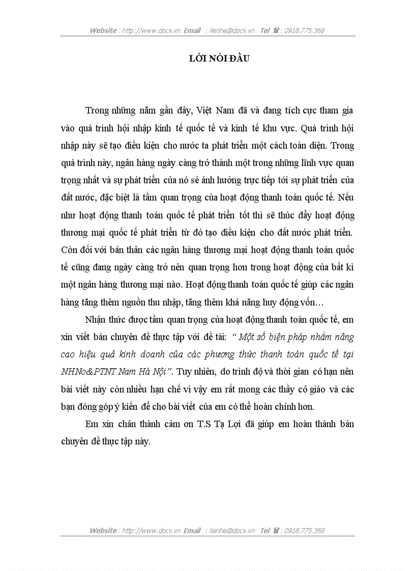 Một số biện pháp nhằm nâng cao hiệu quả kinh doanh của các phương thức thanh toán quốc tế tại NHNo PTNT Nam Hà Nội