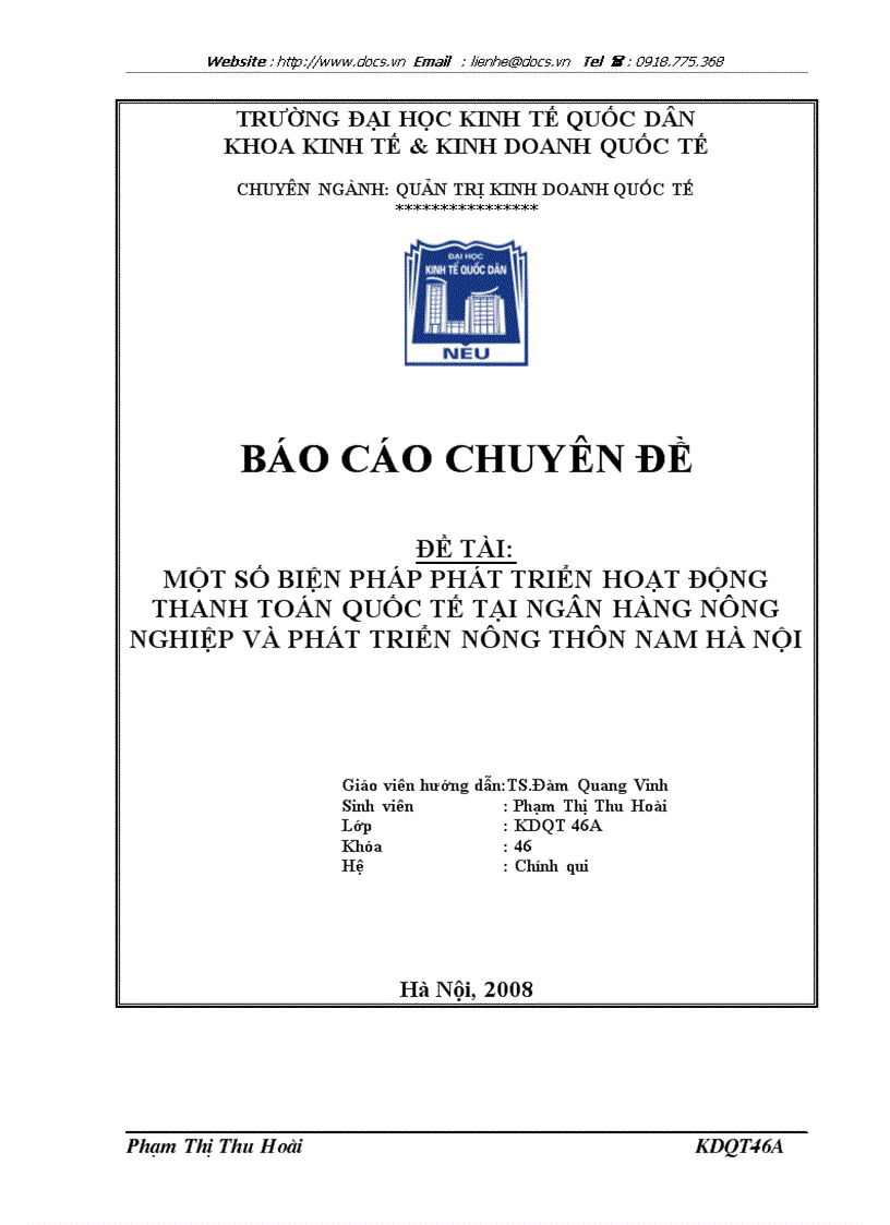 Một số biện pháp phát triển hoạt động thanh toán quốc tế tại ngân hàng nông nghiệp và phát triển nông thôn nam hà nội