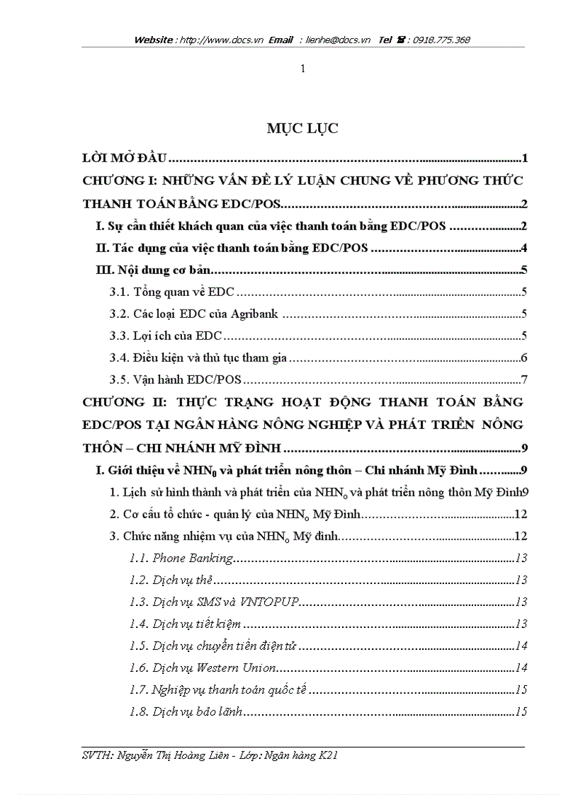 Hoàn thiện nghiệp vụ thanh toán bằng thr EDC POS tại NHNo và phát triển nông thôn Chi nhánh Mỹ Đình