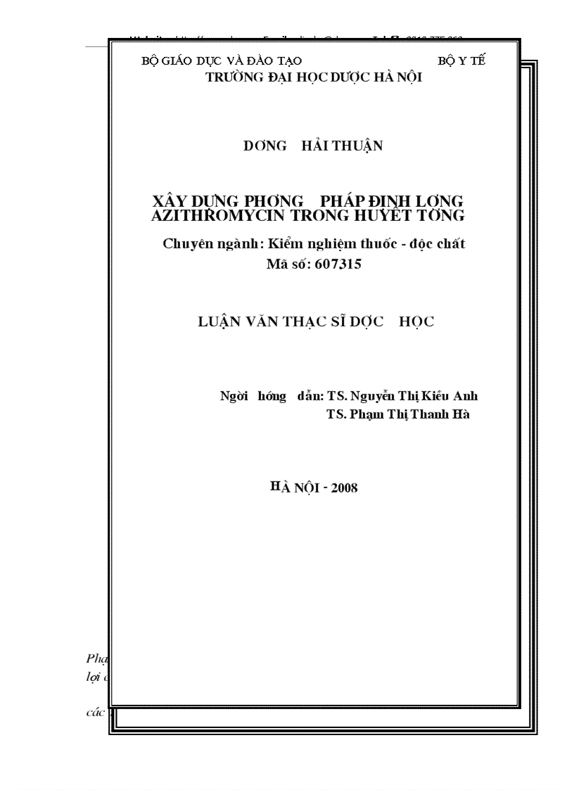Xây dựng phương pháp định lượng azithromycin trong huyết tương