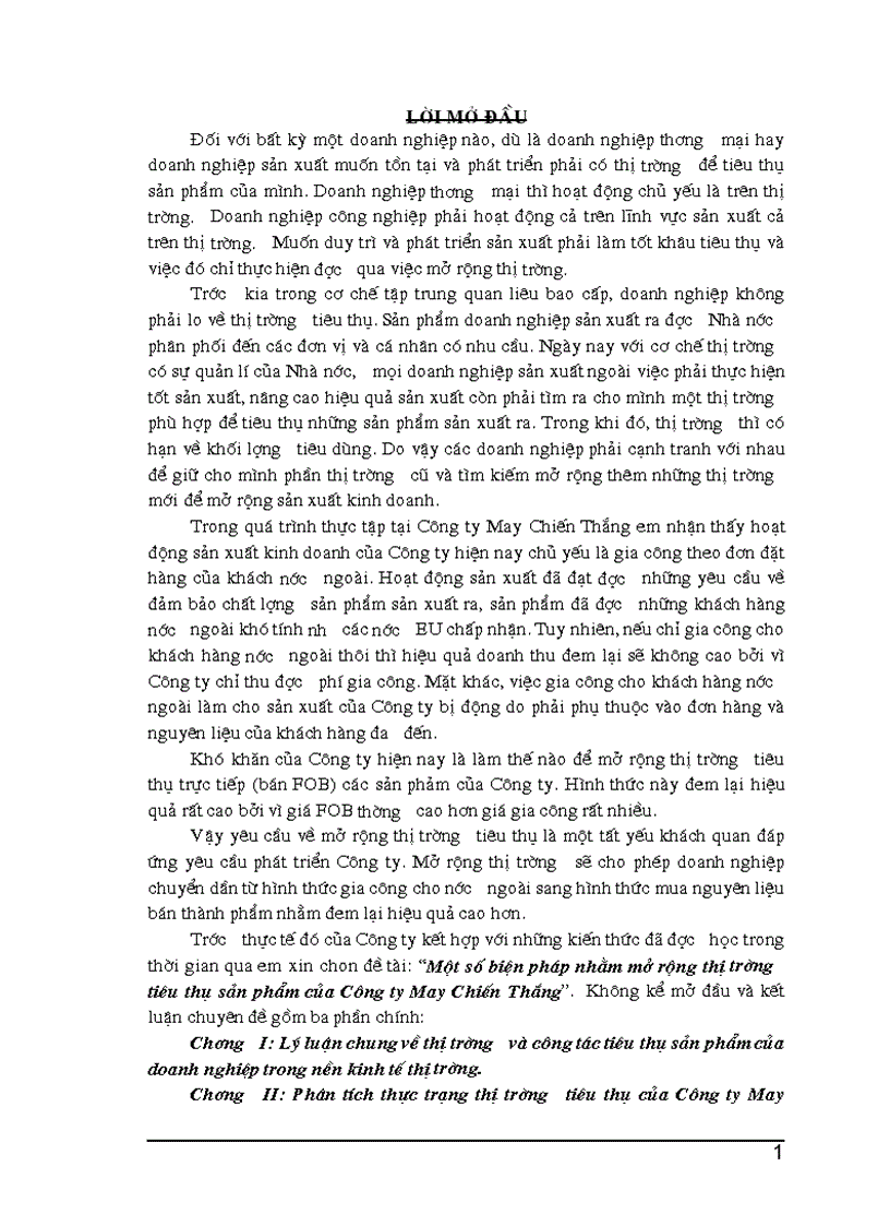 Một số biện pháp nhằm mở rộng thị trường tiêu thụ sản phẩm của Công ty May Chiến Thắng