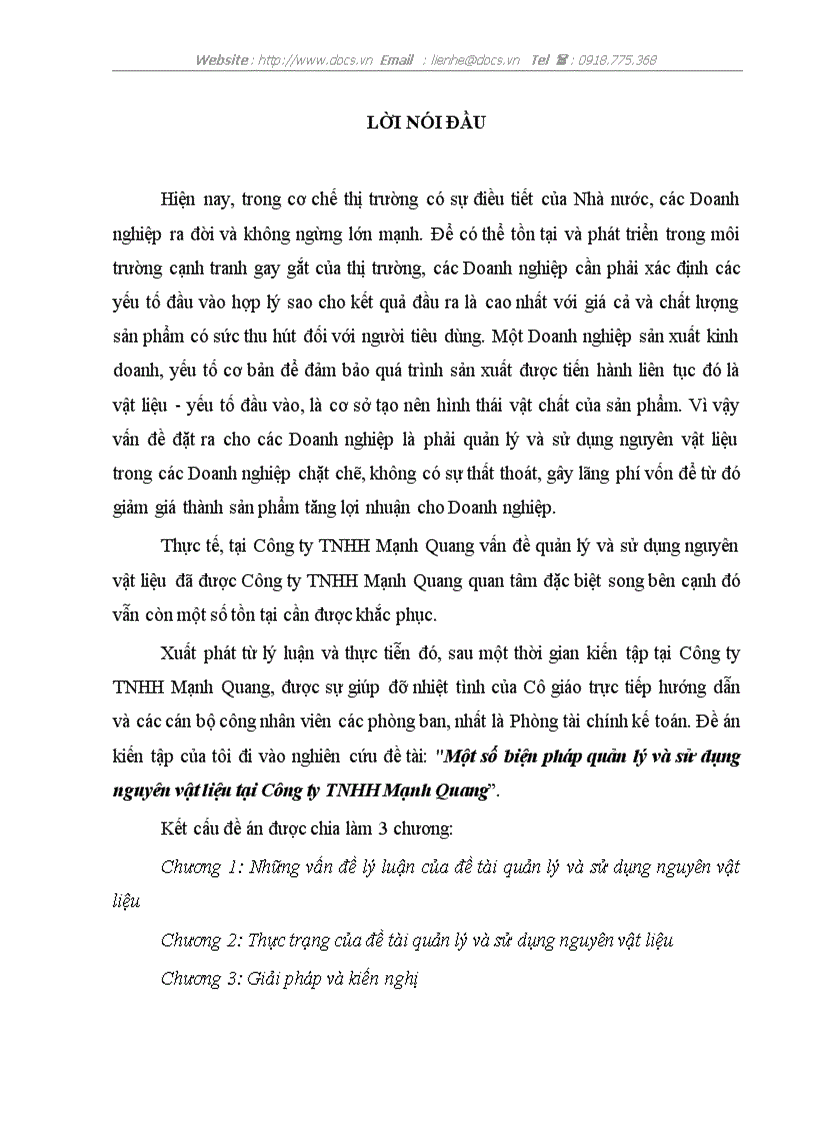 Một số biện pháp quản lý và sử dụng nguyên vật liệu tại Công ty TNHH Mạnh Quang