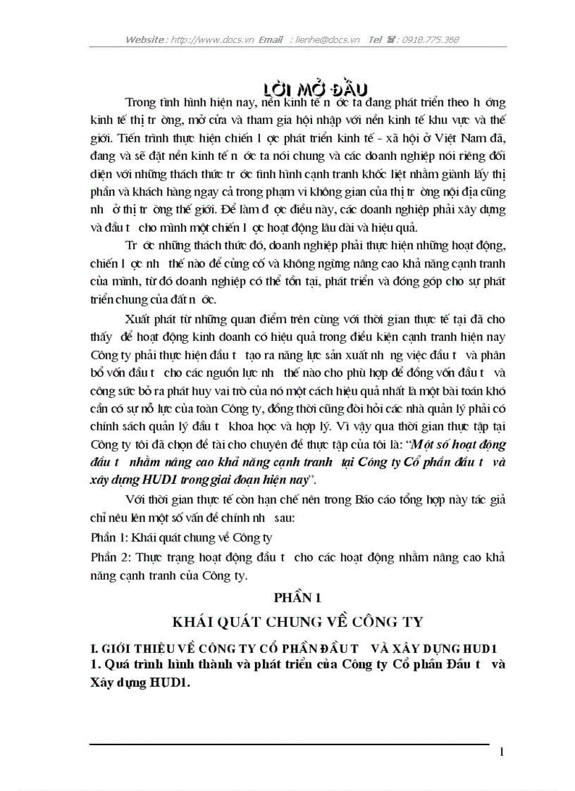 Một số hoạt động đầu tư nhằm nâng cao khả năng cạnh tranh tại Công ty Cổ phần đầu tư và xây dựng HUD1 trong giai đoạn hiện nay