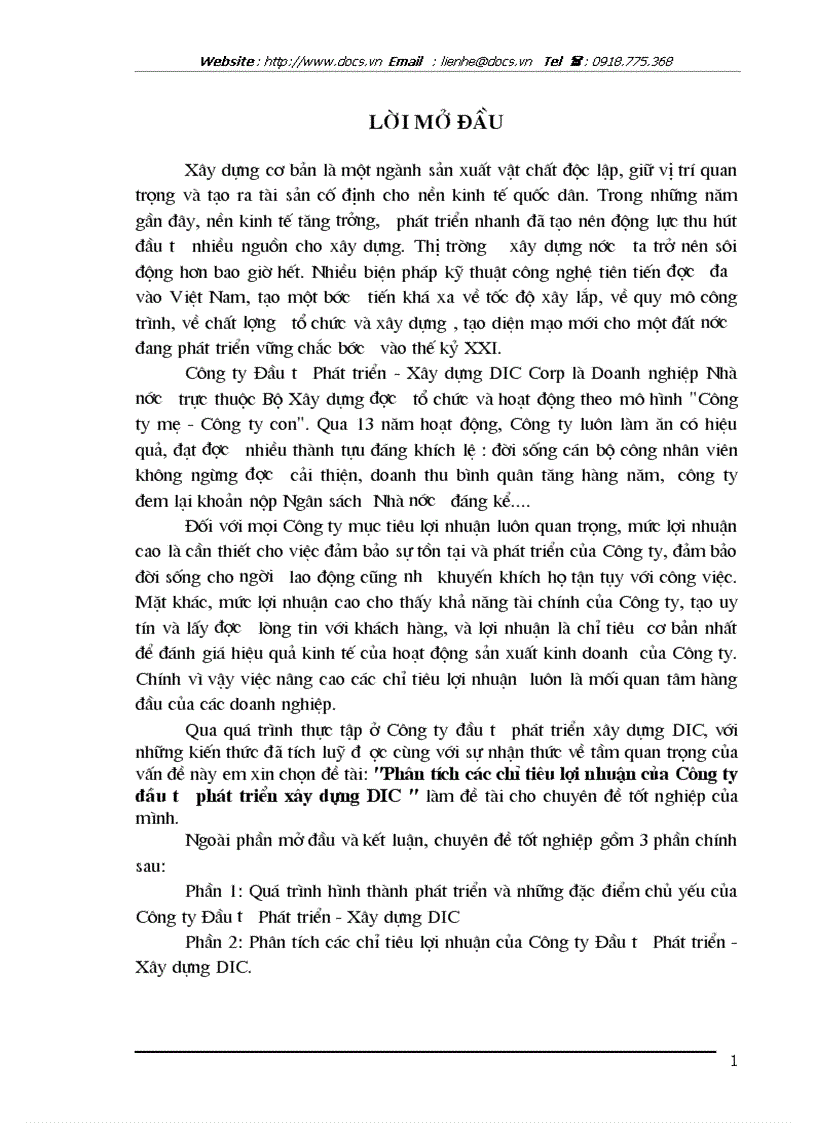 Phân tích các chỉ tiêu lợi nhuận của Công ty đầu tư phát triển xây dựng DIC