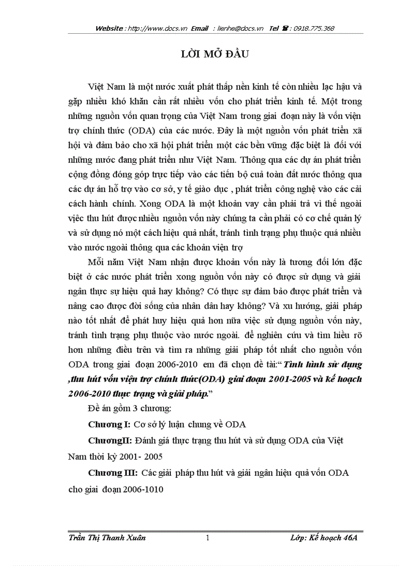 Tình hình sử dụng thu hút vốn viện trợ chính thức ODA giai đoạn 2001 2005 và kế hoạch 2006 2010 thực trạng và giải pháp