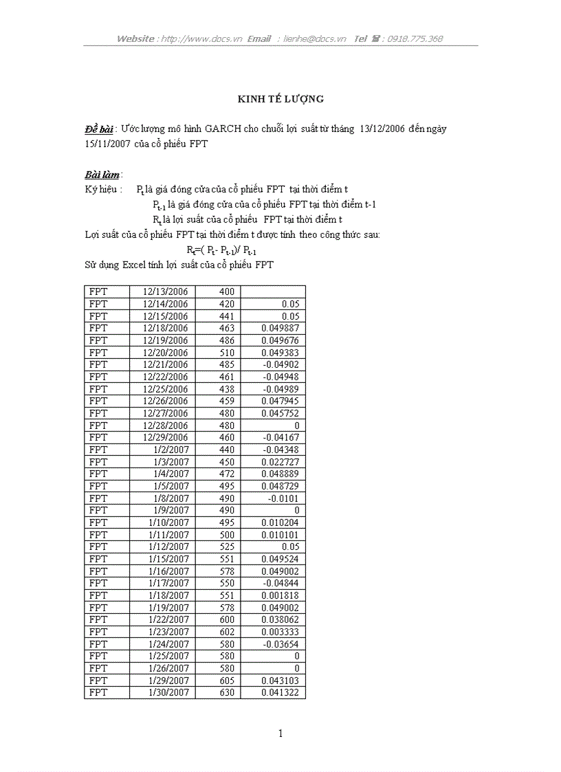 Ước lượng mô hình GARCH cho chuỗi lợi suất từ tháng 13 12 2006 đến ngày 15 11 2007 của cổ phiếu FPT