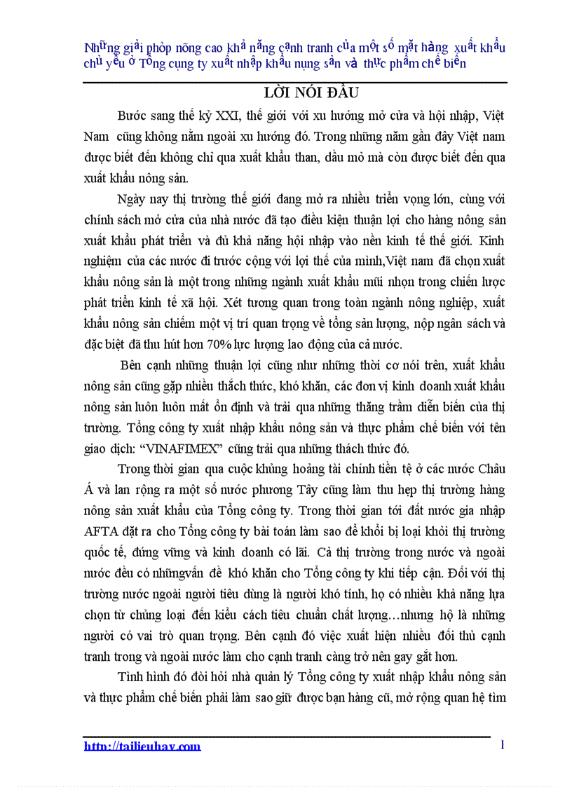 Đánh giá khả năng cạnh tranh của tổng công ty và một số giải pháp nhằm nâng cao khả năng cạnh tranh một số mặt hàng xuất khẩu chủ yếu ở tổng công ty