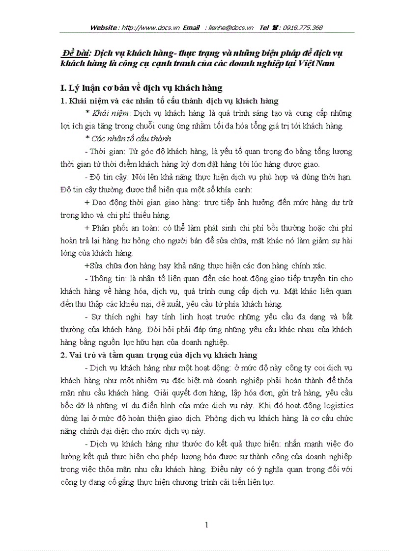 Dịch vụ khách hàng thực trạng và những biện pháp để dịch vụ khách hàng là công cụ cạnh tranh của các doanh nghiệp tại Việt Nam