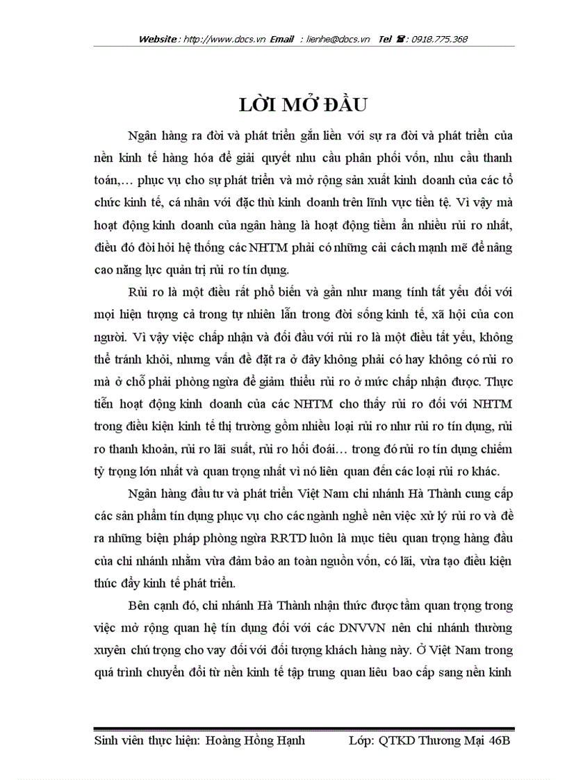 Quản trị rủi ro tín dụng trong hoạt động cho vay của chi nhánh NHĐT PT Hà Thành đối với các DNVVN trên địa bàn thành phố Hà Nội