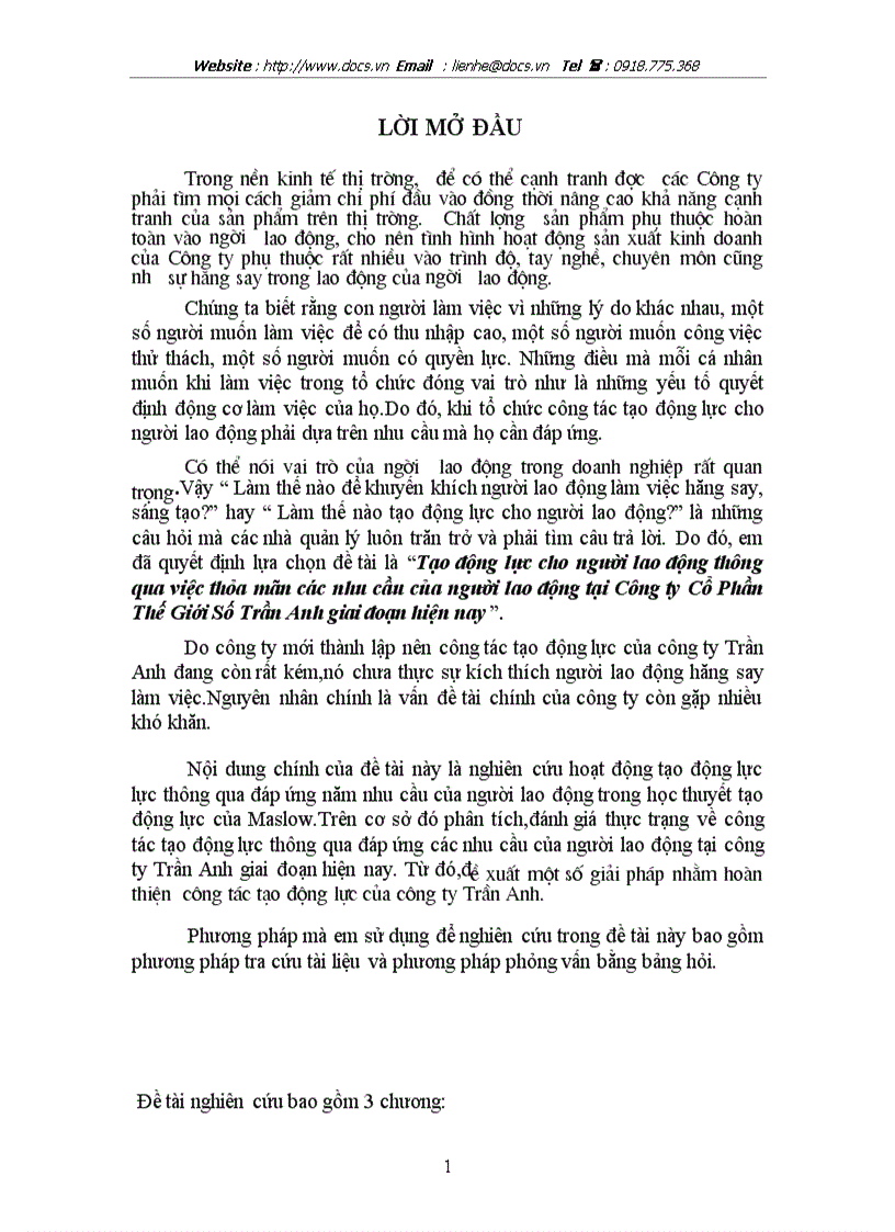 Tạo động lực cho người lao động thông qua việc thỏa món cỏc nhu cầu của người lao động tại Công ty Cổ Phần Thế Giới Số Trần Anh giai đoạn hiện nay