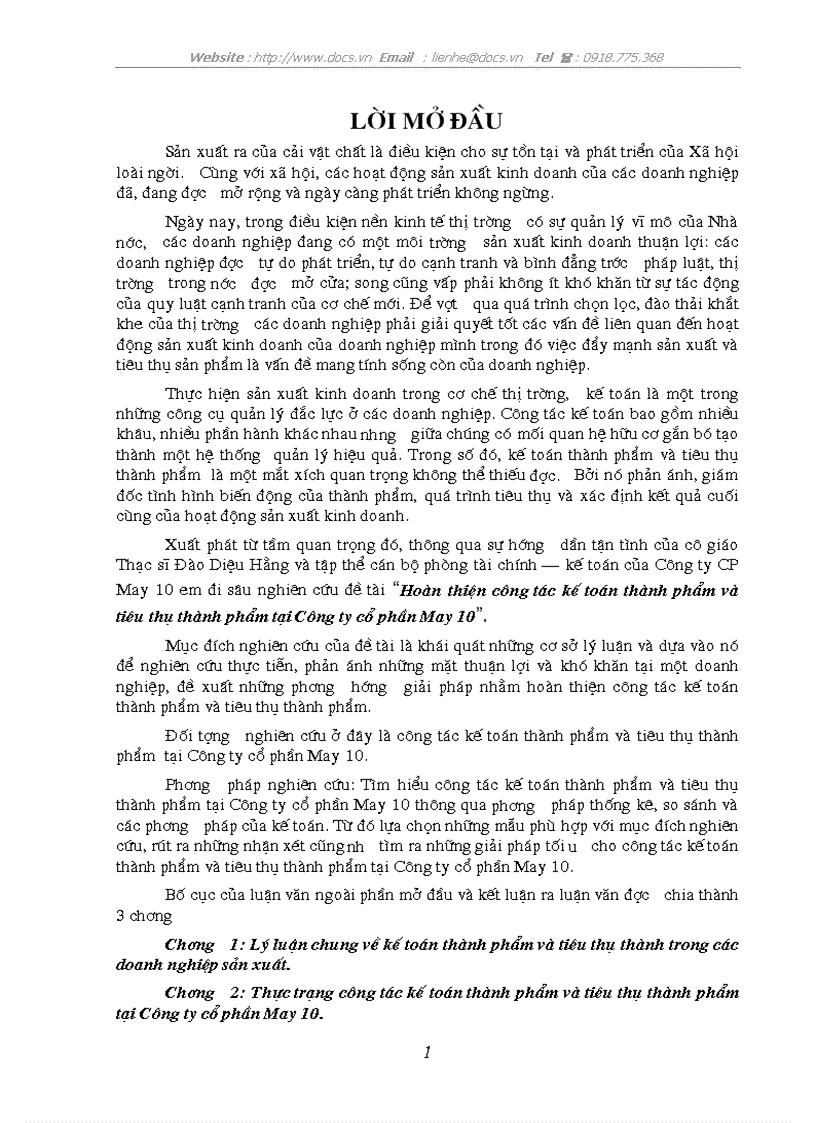 Hoàn thiện công tác kế toán thành phẩm và tiêu thụ thành phẩm tại Công ty cổ phần May 10