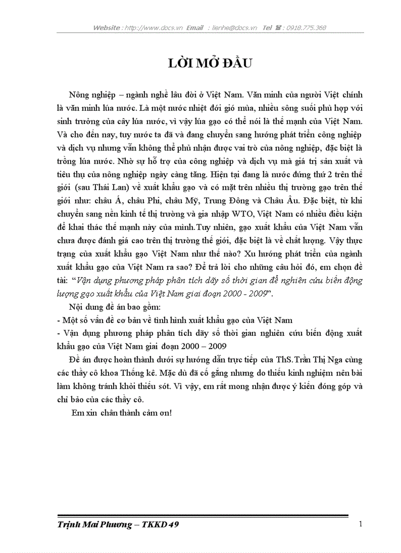 Vận dụng phương pháp phân tích dãy số thời gian để nghiên cứu biến động lượng gạo xuất khẩu của Việt Nam giai đoạn 2000 2009
