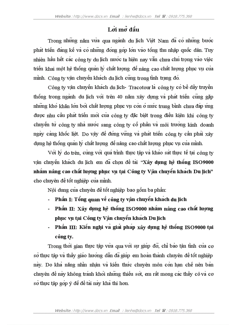 Xây dựng hệ thống ISO9000 nhằm nâng cao chất lượng phục vụ tại Công ty Vận chuyển khách Du lịch