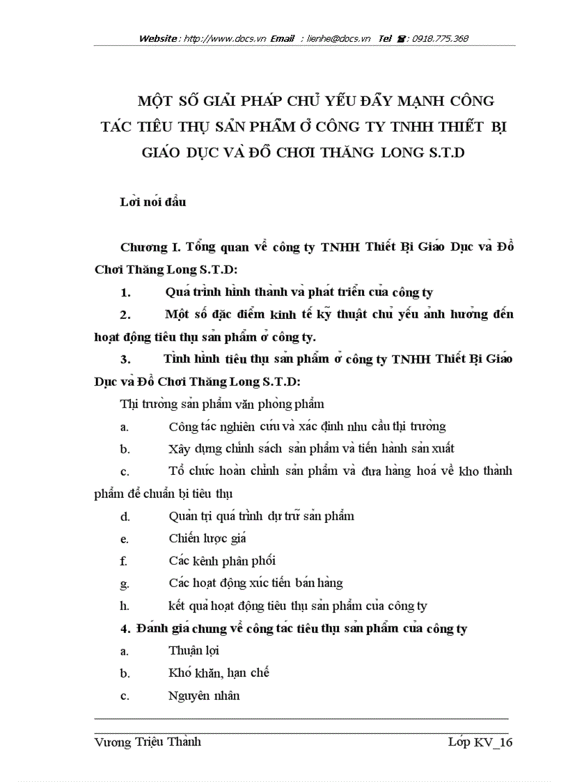 Một số giải pháp chủ yếu đẩy mạnh công tác tiêu thụ sản phẩm ở công ty tnhh thiết bị giáo dục và đồ chơi thăng long s t d