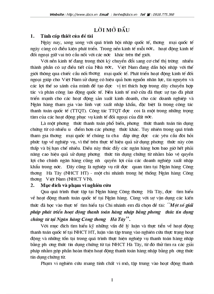 Một số giải pháp phát triển hoạt động thanh toán hàng nhập bằng phương thức tín dụng chứng từ tại Ngân hàng Công thương Hà Tây