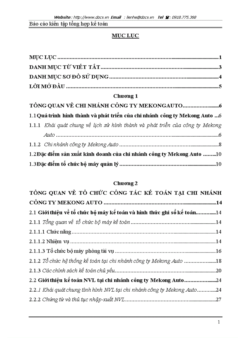 Tổng quan về tổ chức công tác kế toán và một số nhận xét và kiến nghị nhằm nâng cao tổ chức công tác kế toán tại tại chi nhánh công ty Mekong Auto
