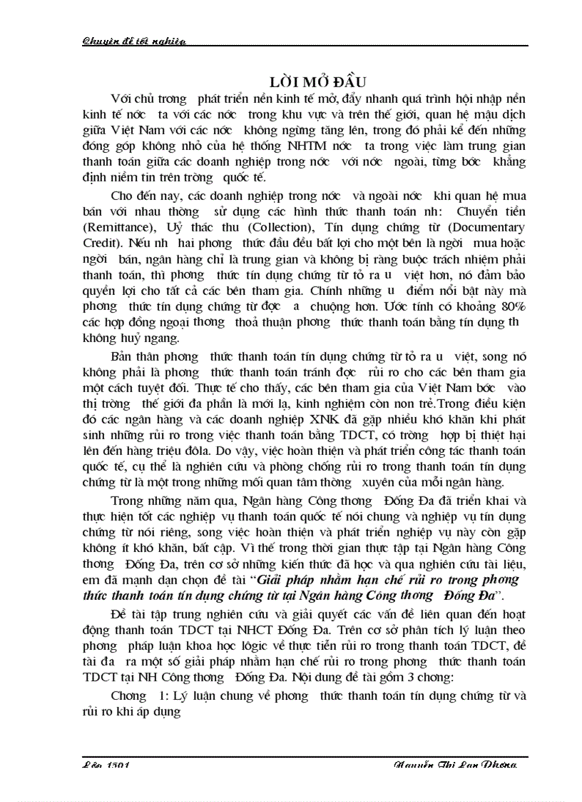 Giải pháp nhằm hạn chế rủi ro trong phương thức thanh toán tín dụng chứng từ tại NHCT Đống Đa
