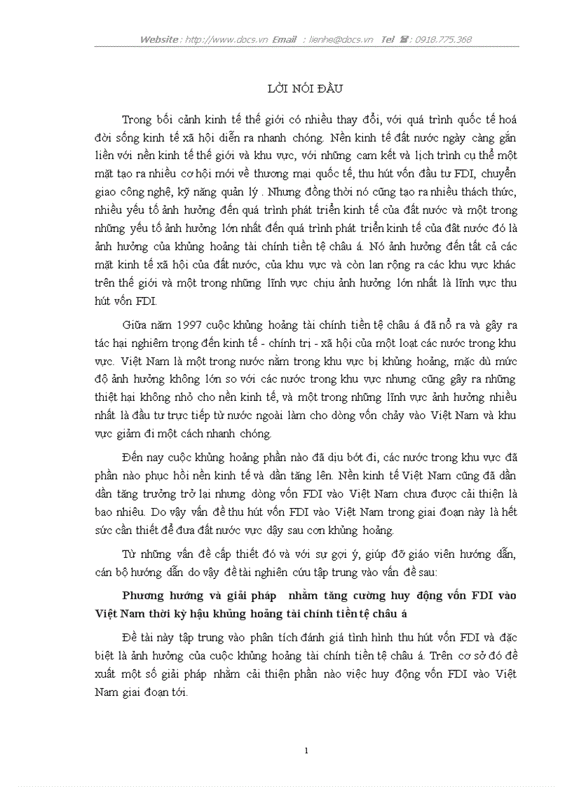 Phương hướng và giải pháp nhằm tăng cường huy động vốn FDI vào Việt Nam thời kỳ hậu khủng hoảng tài chính tiền tệ châu á