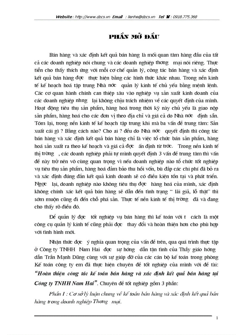 Hoàn thiện công tác kế toán bán hàng và xác định kết quả bán hàng tại Công ty TNHH Nam Hai lt KTDNTM gt