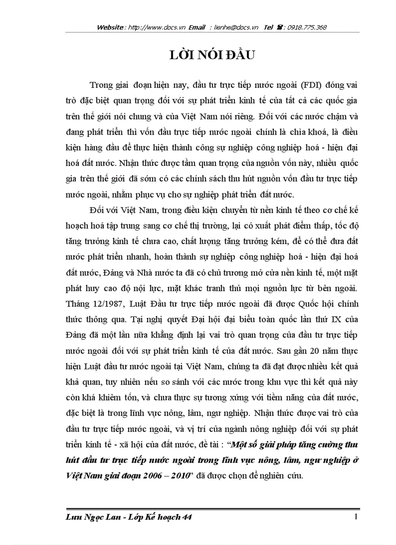 Một số giải pháp tăng cường thu hút đầu tư trực tiếp nước ngoài trong lĩnh vực nông lâm ngư nghiệp ở Việt Nam giai đoạn 2006 2010