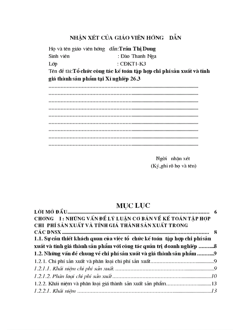 Một số ý kiến và biện pháp hoàn thiện công tác kế tóan tập hợp chi phí sản xuất và tính giá thành sản phẩm tại Xí ngiệp 26 3