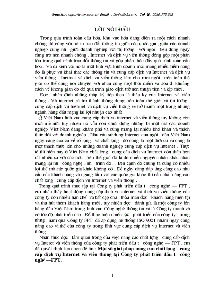 Một số giải pháp nâng cao chất lượng cung cấp dịch vụ Internet và viễn thông tại Công ty phát triển đầu tư công nghệ FPT