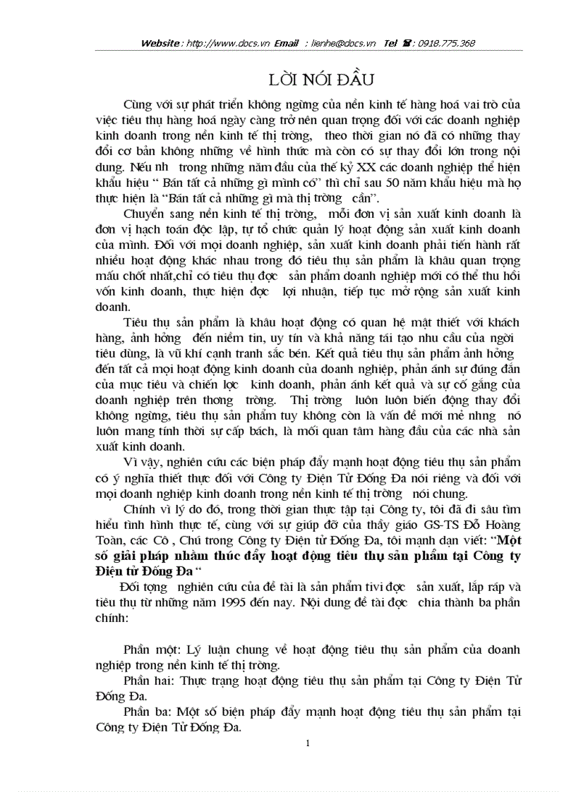 1số giải pháp nhằm thúc đẩy hoạt động tiêu thụ sản phẩm tại Công ty Điện tử Đống Đa
