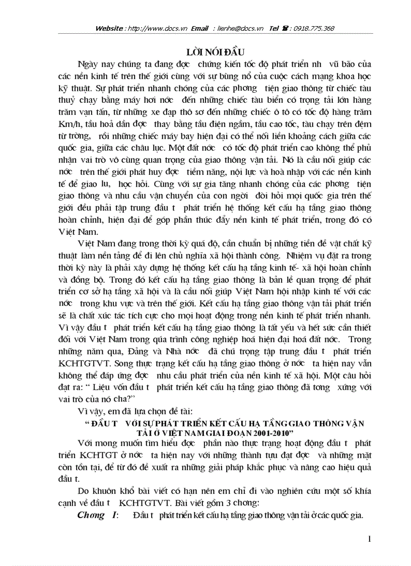 Đầu tư với sự phát triển kết cấu hạ tầng giao thông vận tải ở việt nam giai đoạn 2001 2010