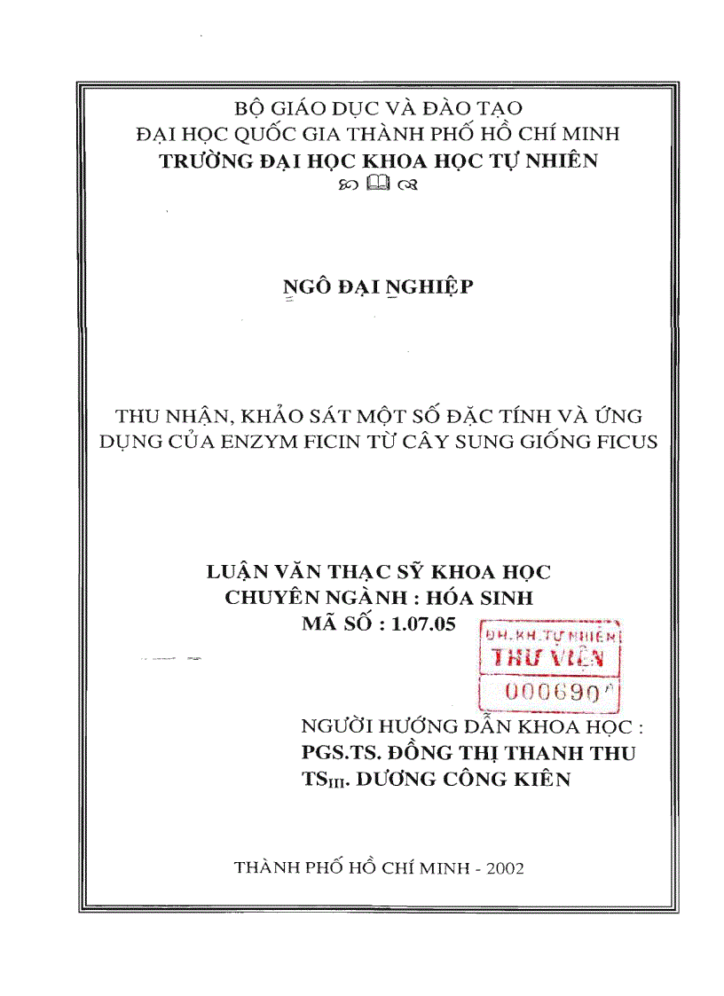 Thu nhận khảo sát một số đặc tính và ứng dụng của enzym ficin từ cây sung giống ficus