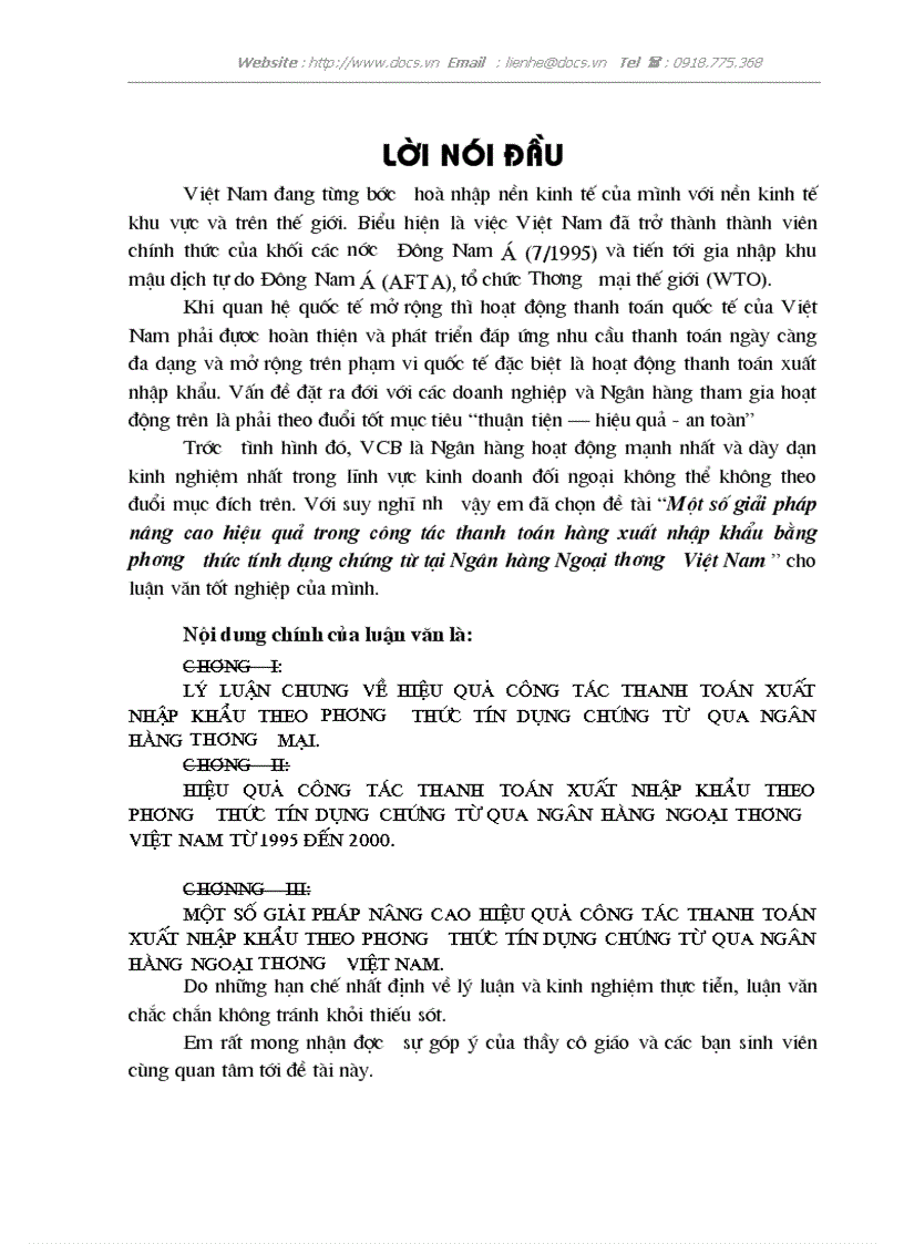 Một số giải pháp nâng cao hiệu quả trong công tác thanh toán hàng xuất nhập khẩu bằng phương thức tính dụng chứng từ tại Ngân hàng Ngoại thương Việt N
