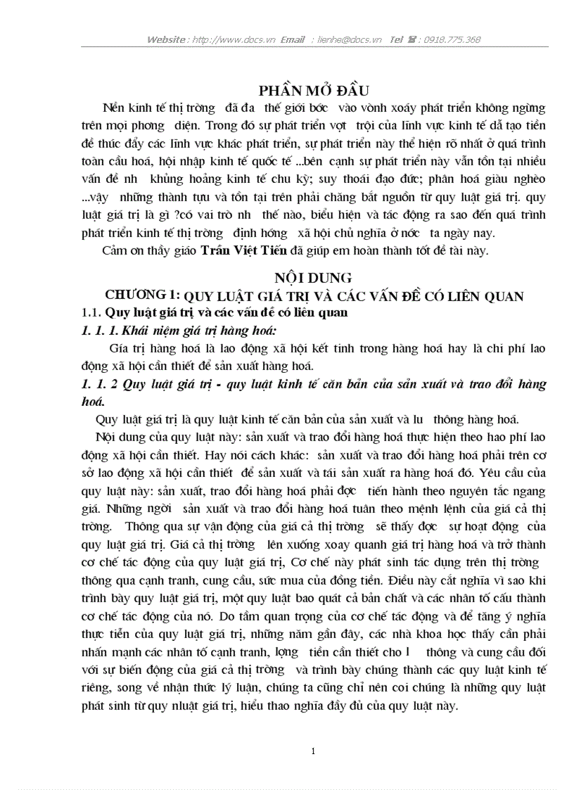Quy luật trá trị các vấn đề có liên quan Vai trò của quy luật giá trị đối với sự phát triển KTTT ở Việt Nam