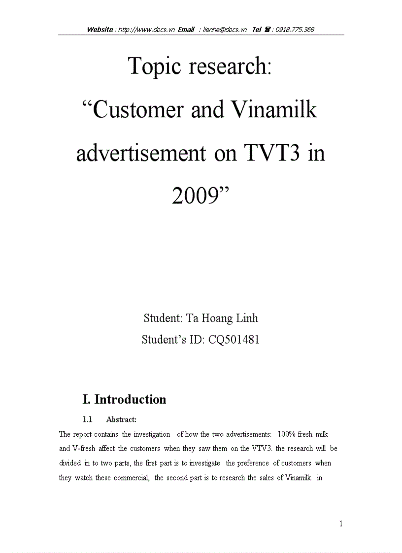 Topic research Customer and Vinamilk advertisement on TVT3 in 2009 lt Eng gt