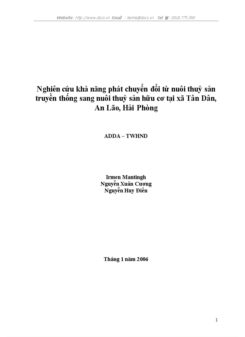 Nghiên cứu khả năng phát chuyển đổi từ nuôi thuỷ sản truyền thống sang nuôi thuỷ sản hữu cơ tại xã Tân Dân An Lão Hải Phòng