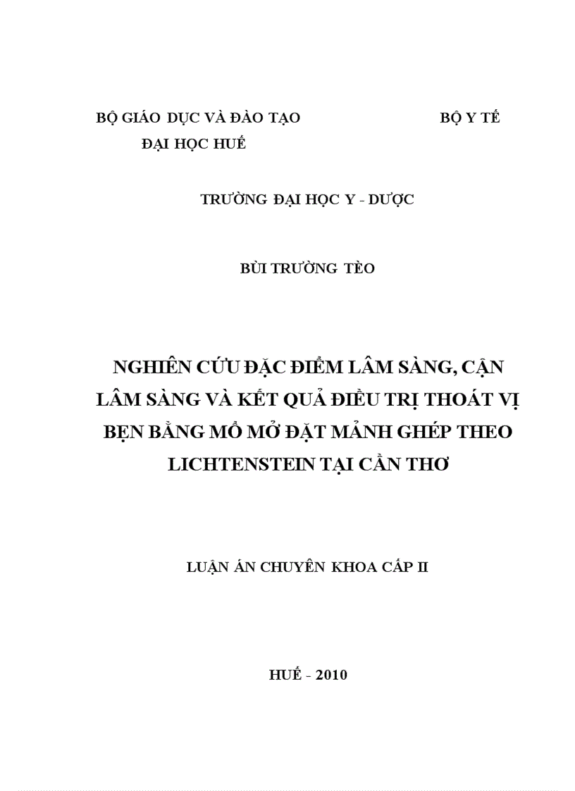 Nghiên cứu đặc điểm lâm sàng cận lâm sàng và kết quả điều trị thoát vị bẹn bằng mổ mở đặt mảnh ghép theo Lichtenstein tại Cần Thơ